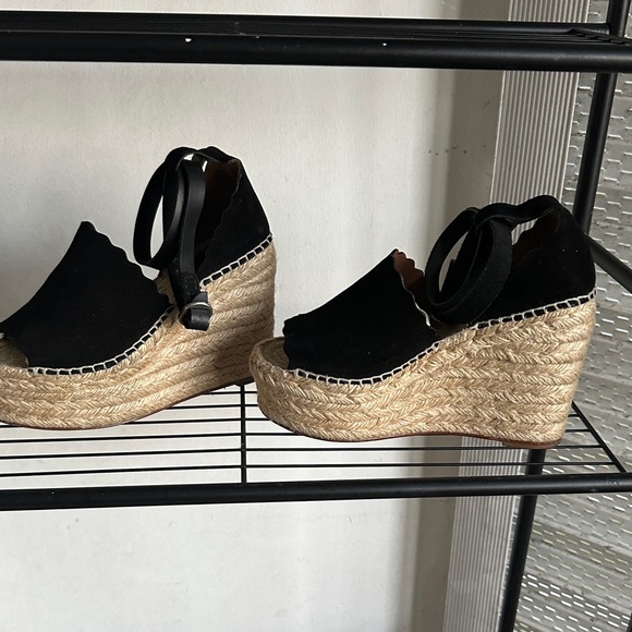 Chloe Black Suede Scalloped Espadrille Wedge Sandals with Ankle Buckle - Picture 3 of 8